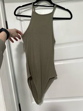 Forever 21 Olive Ribbed High-Neck Tank Bodysuit